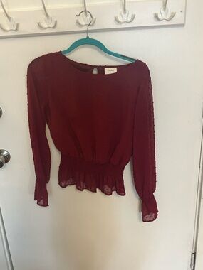 Everly Burgundy Sheer Long-Sleeve Peplum Top